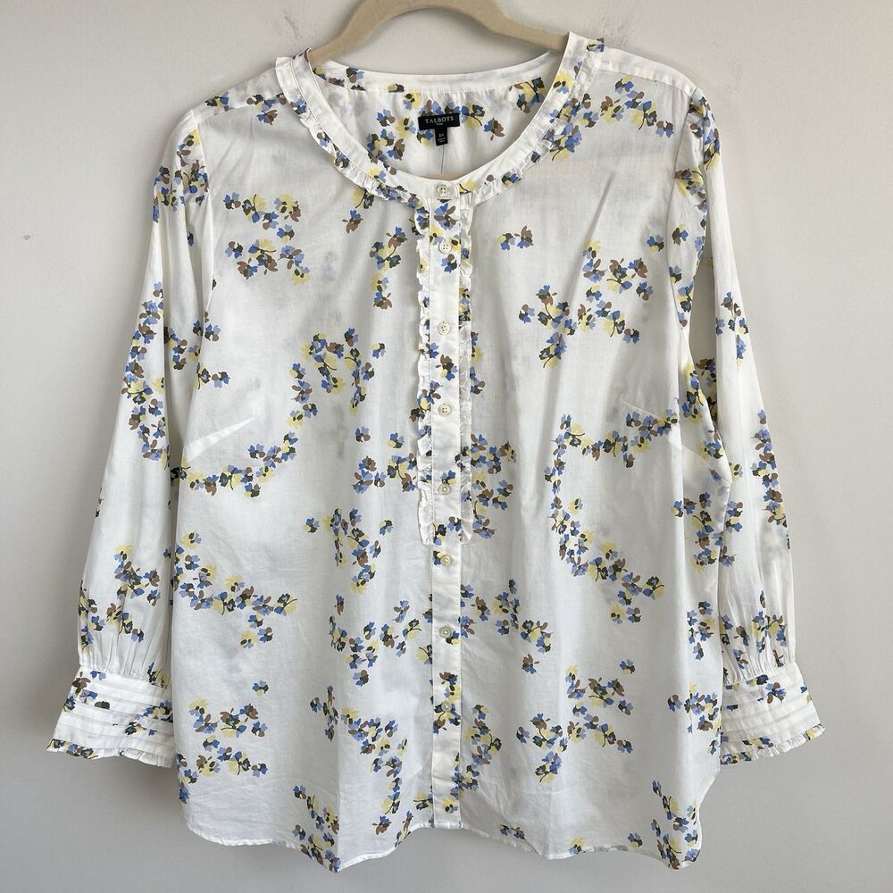 Talbots Plus 3X Womens Ruffle Trim Floral Button Front Shirt Top Cottage Preppy